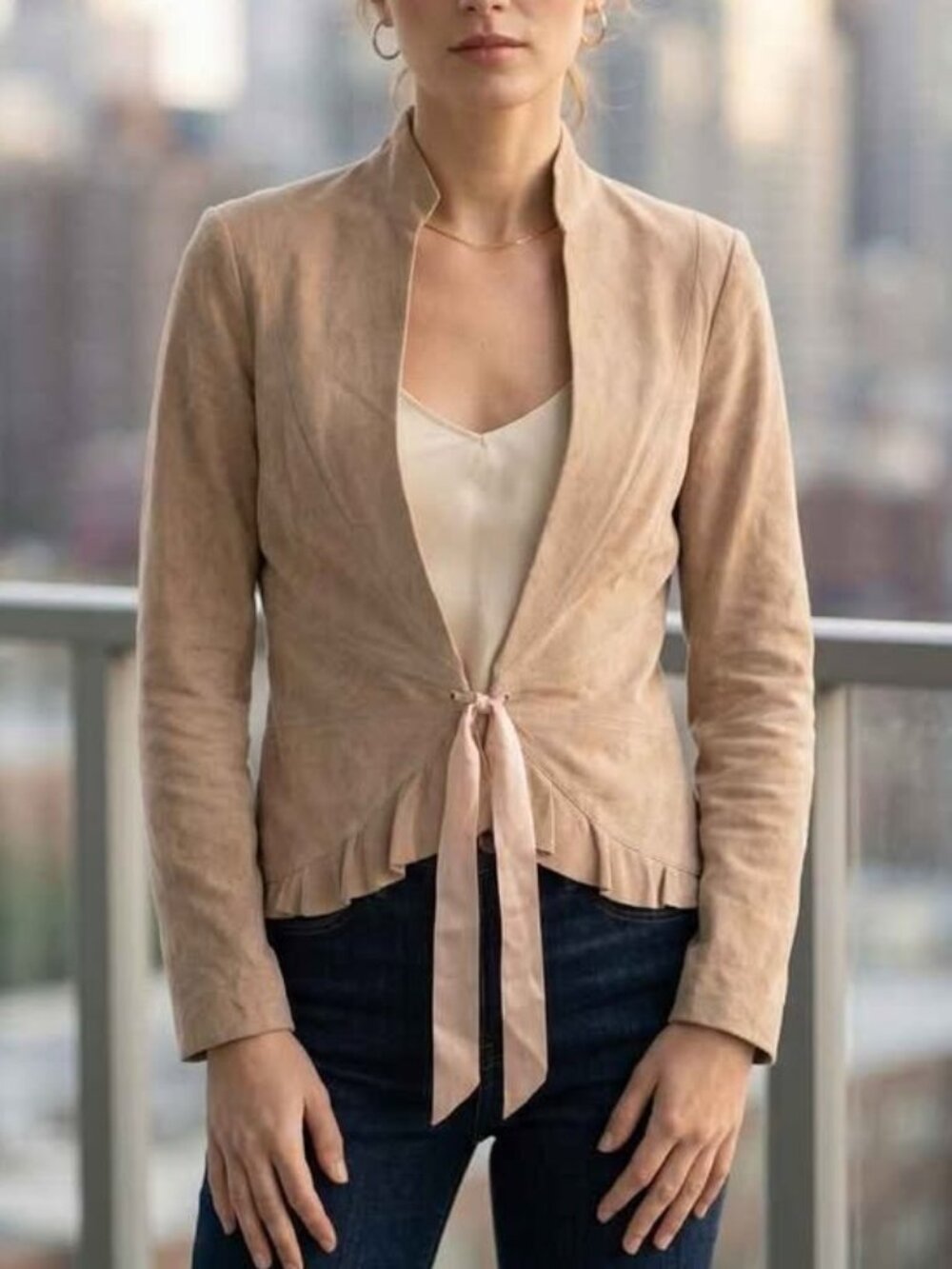 Nougat London Tan Suede Tie Front Ruffle Jacket, Size 3 Small